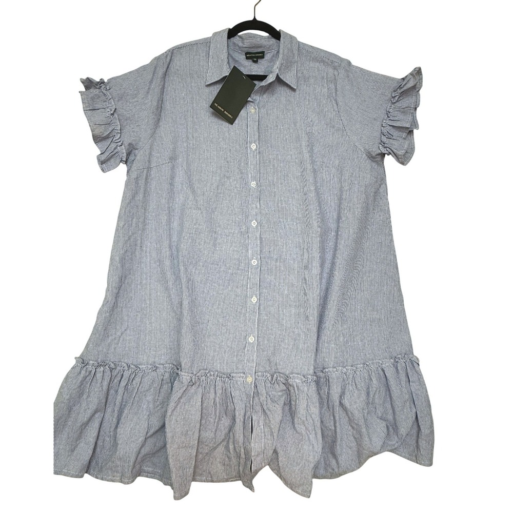 Meadow Rhodes Anthropologie Blue Pinstripe Ruffle Shirt Dress Plus 2X